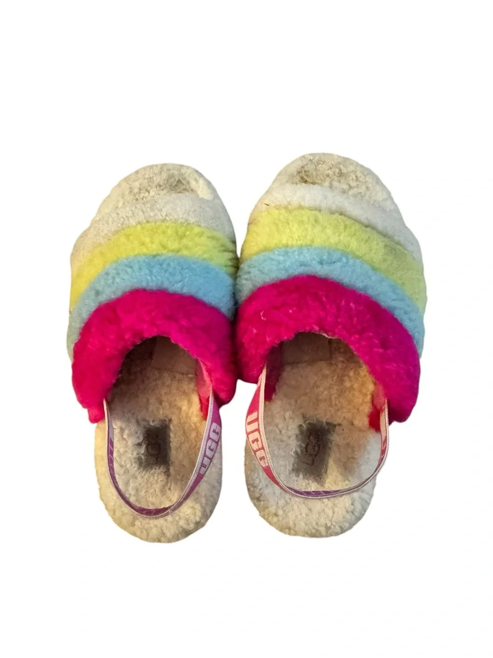 UGG Rainbow Fluff Yea Slide Sandals - Pink, Aqua, Yellow, Cream, Size 3.